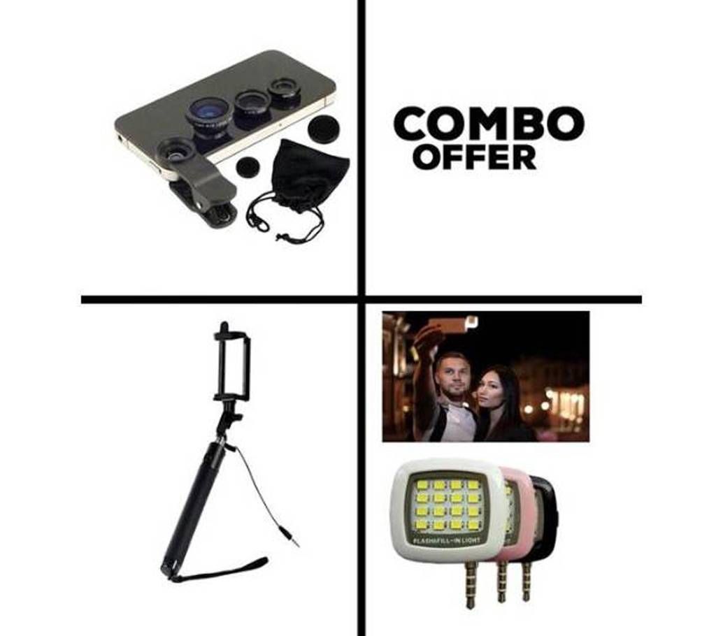 Clip-on Lens+Selfie Stick+Flash Light (Combo)
