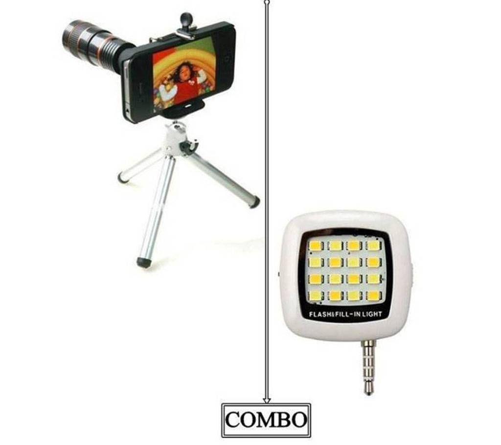 Combo of 8X Zoom Optical Telescope Lens + Selfie Flash Light