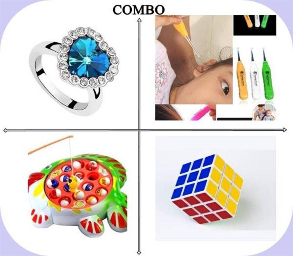Titanic Heart Shape Finger Ring + Ear Cleaner+ Fishing Game + Rubik's Cube 