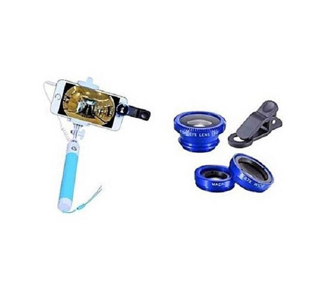 Selfie Stick and 3-In-1 Universal Lens Combo - Blue