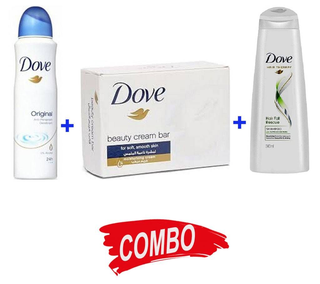 Dove Beauty Cream Bar soap + Dove Nutritive Solution Shampoo + DOVE Body Spray for women - Combo Offer