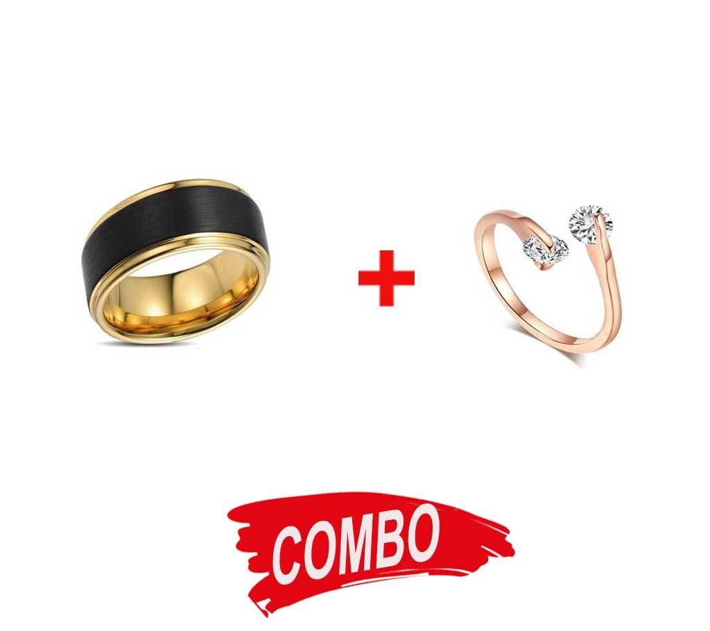 Mens Golden and Black Finger Ring + Rose Gold Plated Twin Zircon Ladies Finger Ring - Combo Offer