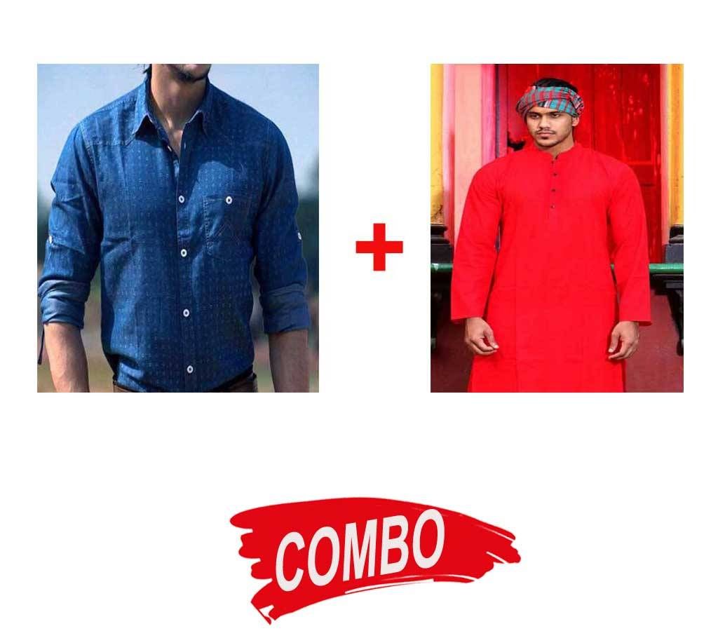 Red Boishakhi Panjabi with free gamcha + Men's Full Sleeve Denim Casual Shirt - Combo Offer