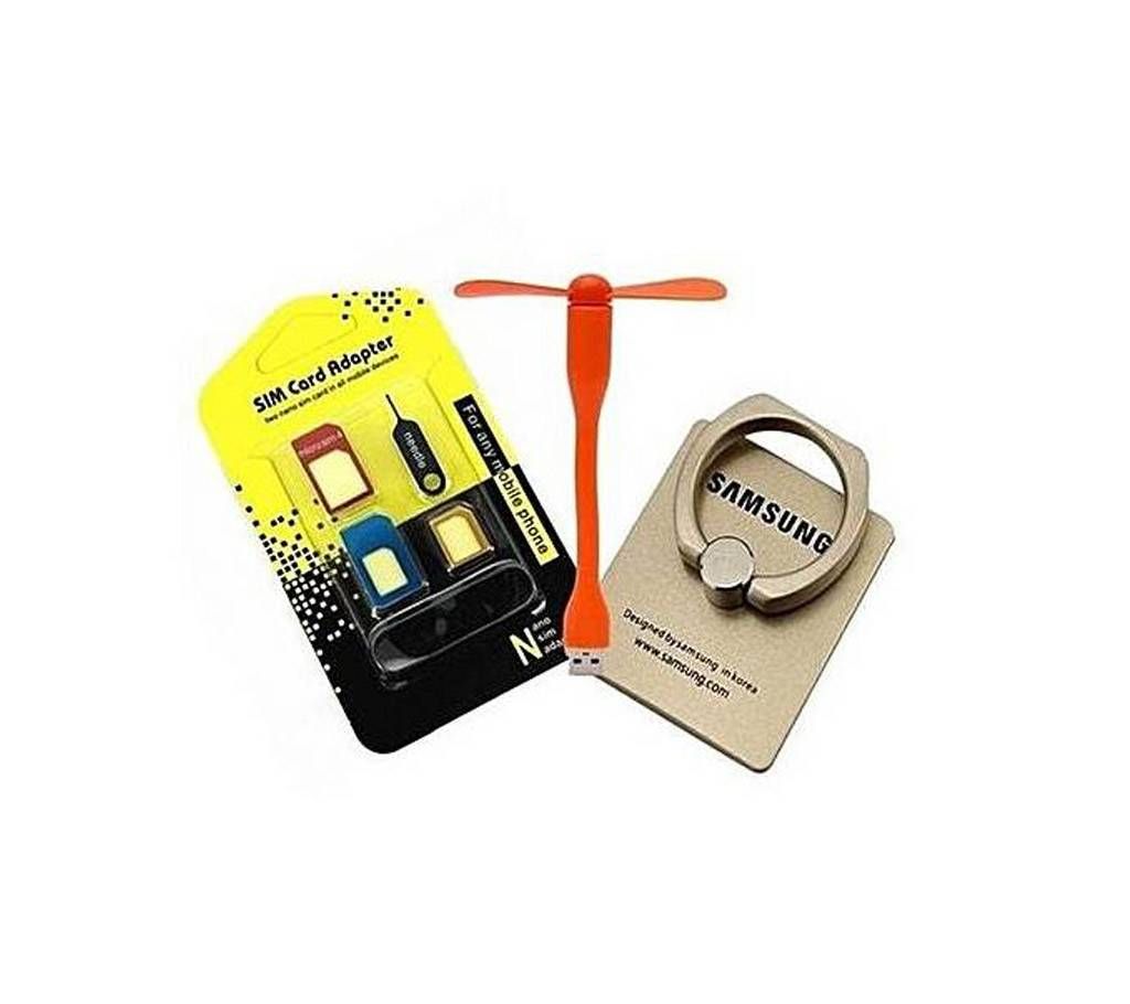 Combo of USB Fan, Mobile Ring Stand and SIM Adapte