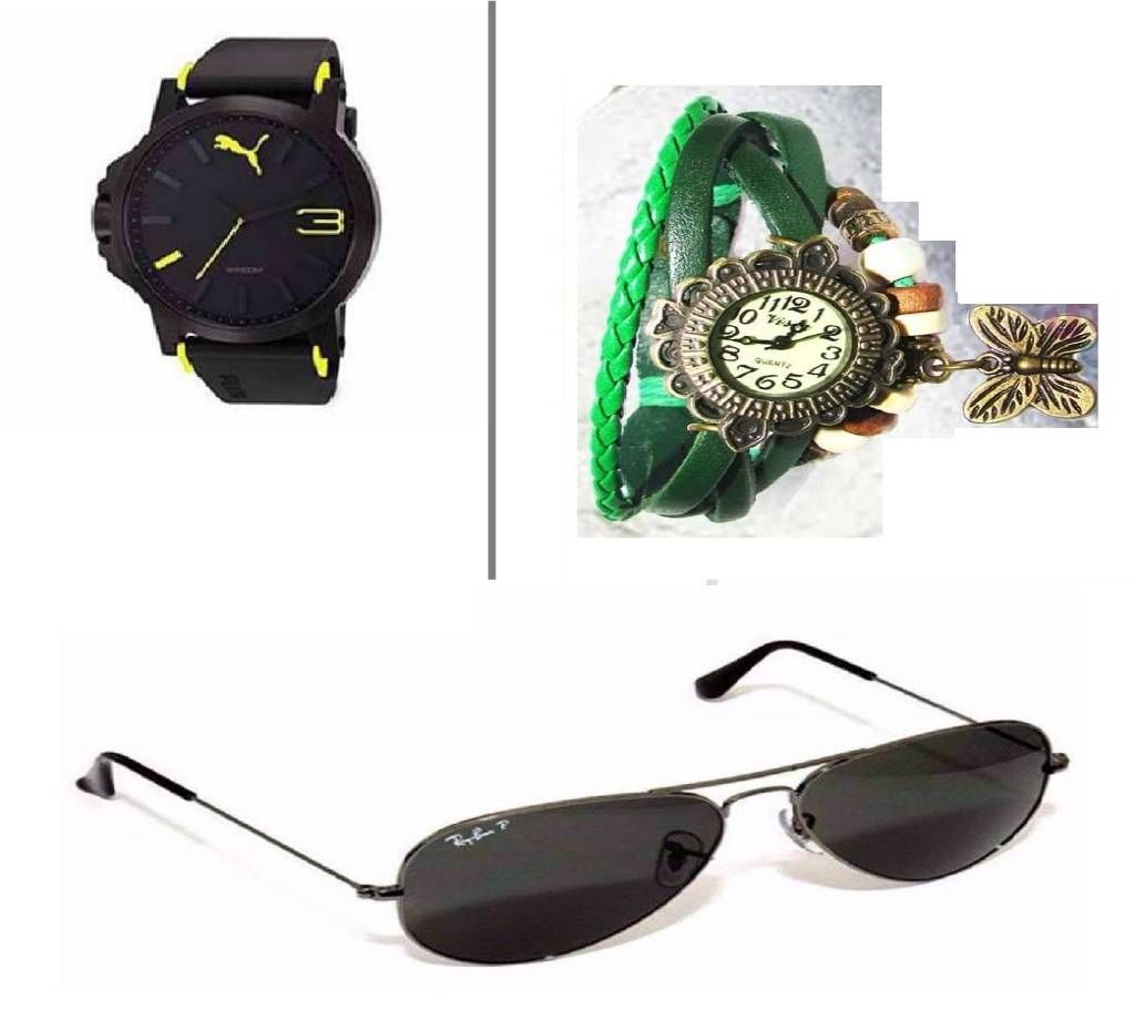 PUMA Gentts Watch + Ladies Bracelet Watch + RAY BAN Jaintes Sunglasses (Copy) Combo cc