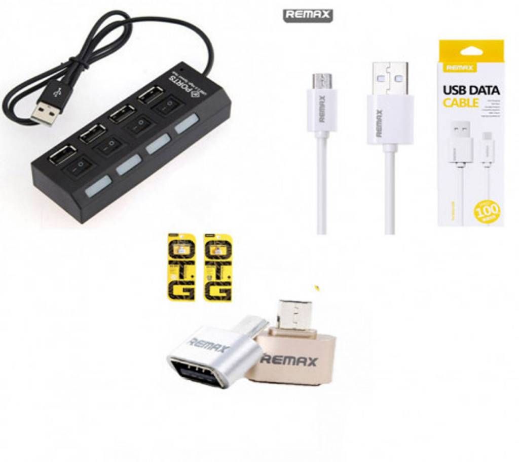 Combo USB Hub 4 Port+Fast Charger Cable+REMAX OTG Cable