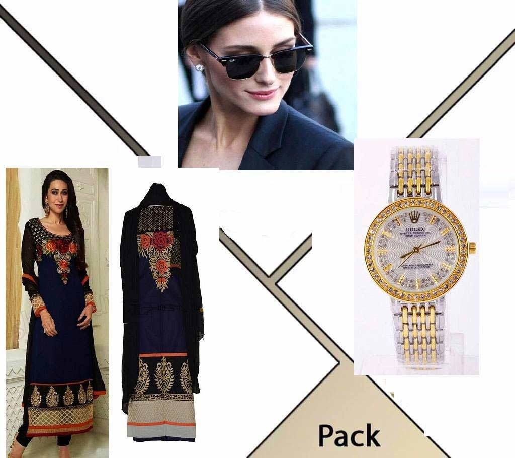 un stitched salwar kameez+ sunglasses+ watch combo 