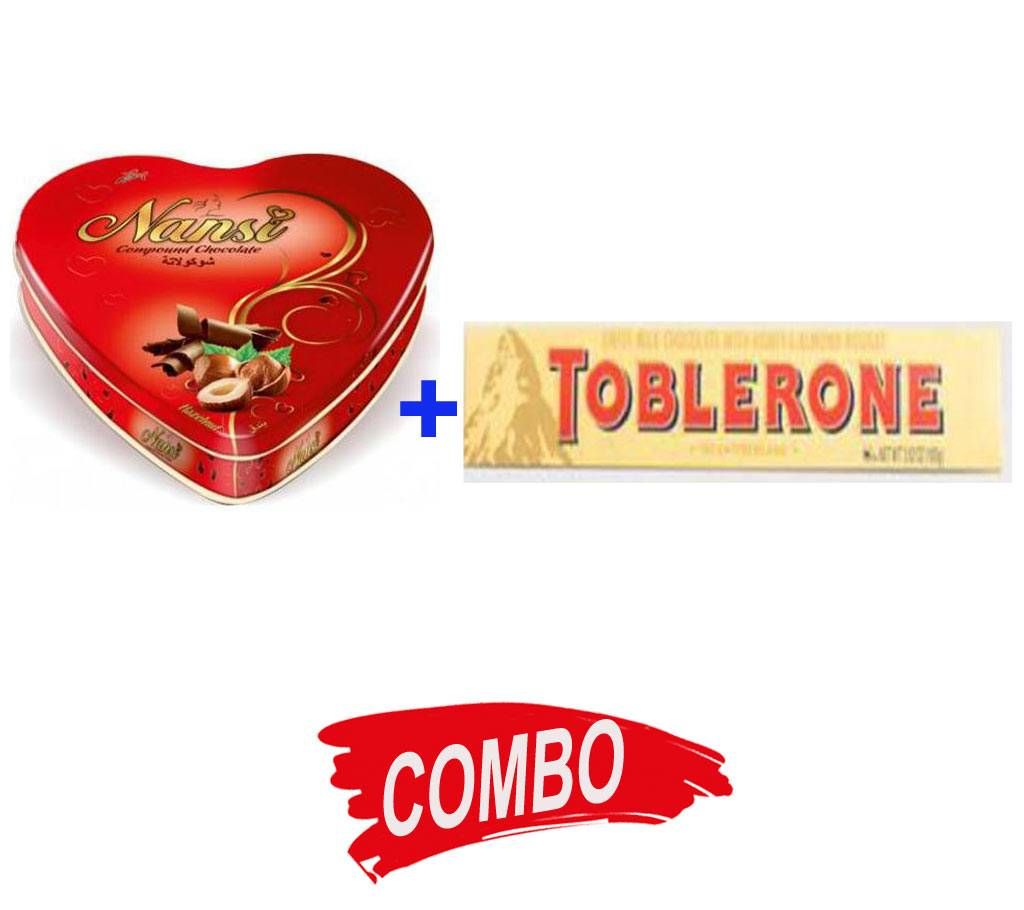 Nansi Compound Chocolate Box Tin + Toblerone white, crunchy almonds, milk and dark Chocolate - Combo Offer