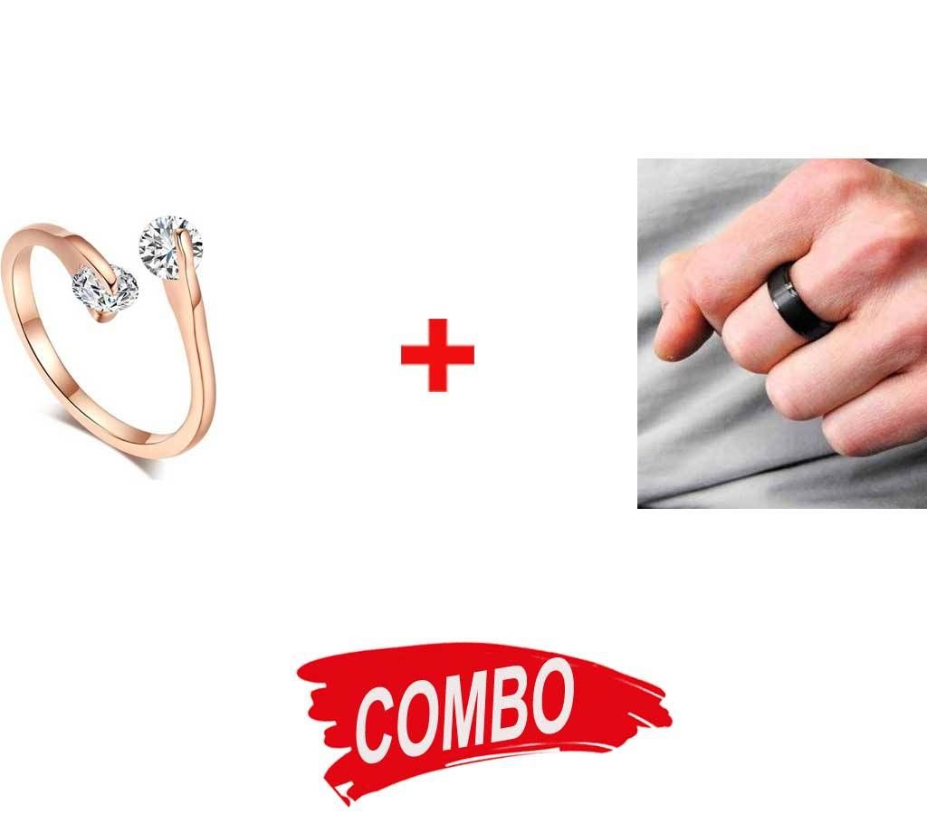 Black Stainless Steel Finger Ring for Men + Rose Gold Plated Twin Zircon Ladies Finger Ring - Combo Offer