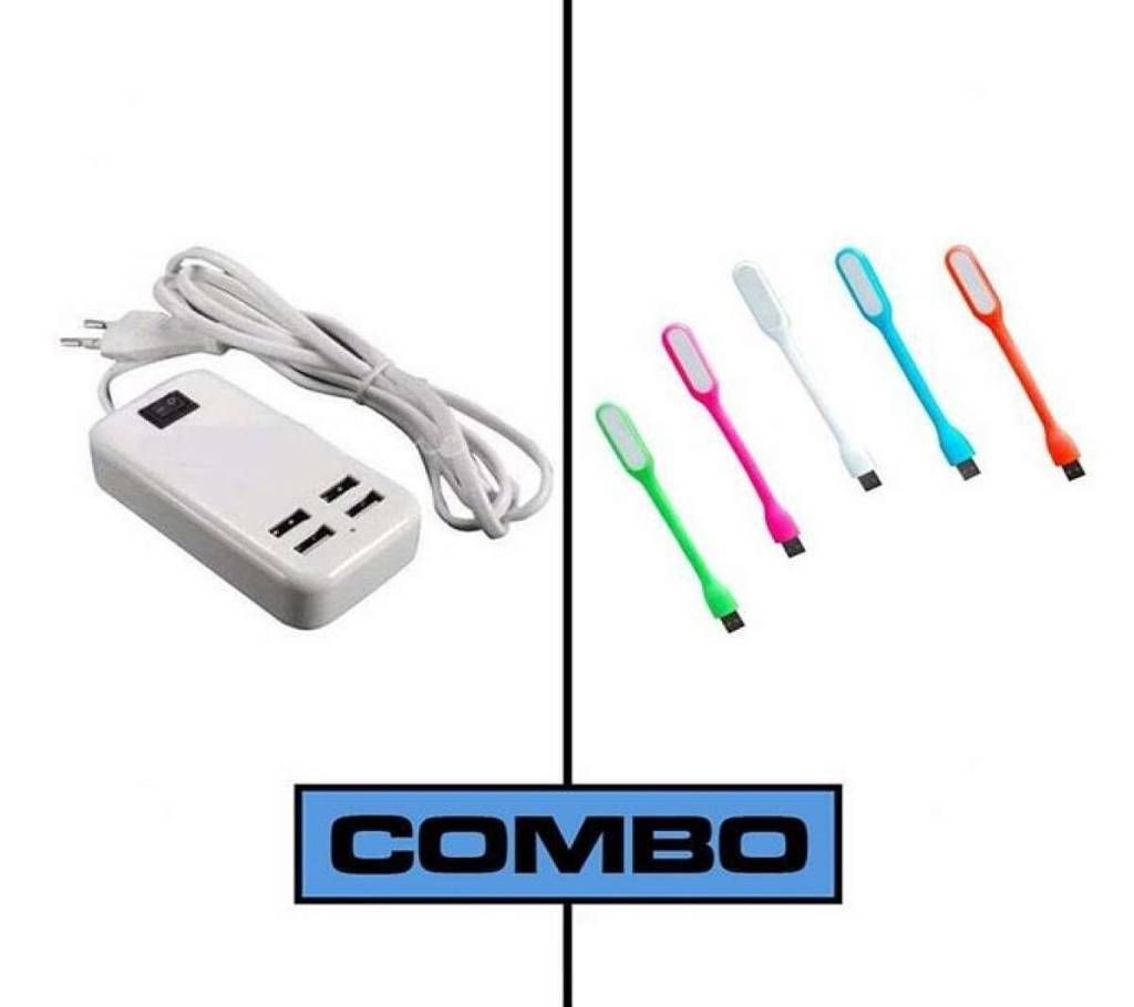 Combo Offer of White 4 Ports USB Charger and Multicolor USB Light