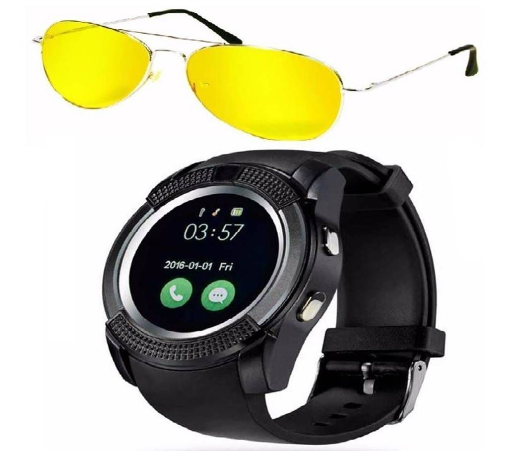 V8 Smart Watch With Night Vision Glass Combo Offer 