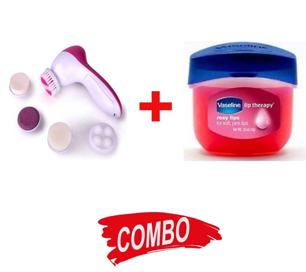 5 in 1 facial and body cleaner massager + Vaseline Lip Therapy Lip Balm Mini, Rosy, 0.25 oz Combo Offer