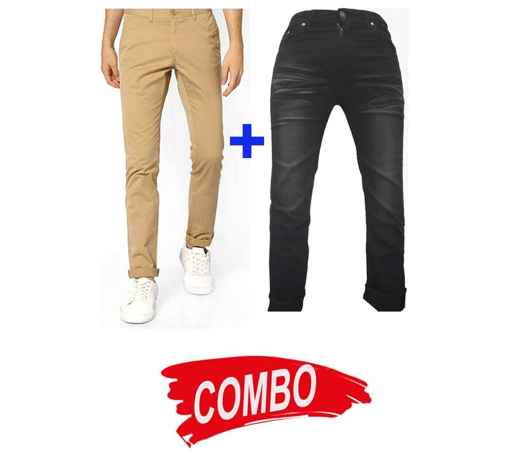 Khaki Color Slim Fit Chino Gabardine Pant + Black Color Denim Jeans for Men - Combo Offer