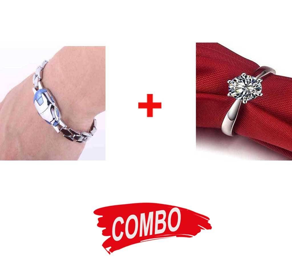 Silver Finger Ring for Women + Iron Man Shaped Silver Bracelet for Men - Combo Offer