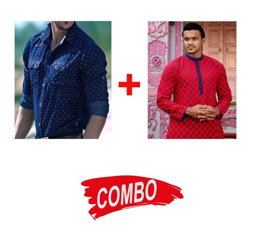 Red all over printed Boishakhi Panjabi + Mens Full Sleeve Denim Casual Shirt - Combo Offer