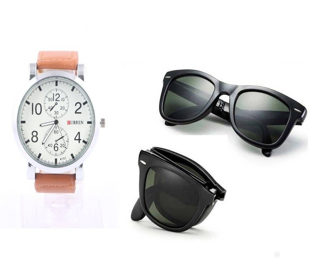 CURREN Gents Wrist Watch + Folding Sunglasses for Men
