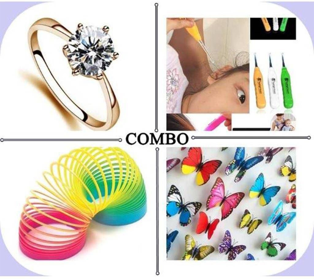 4 Pack of combo Finger Ring + Ear Cleaner + Rainbow spring+Sticker