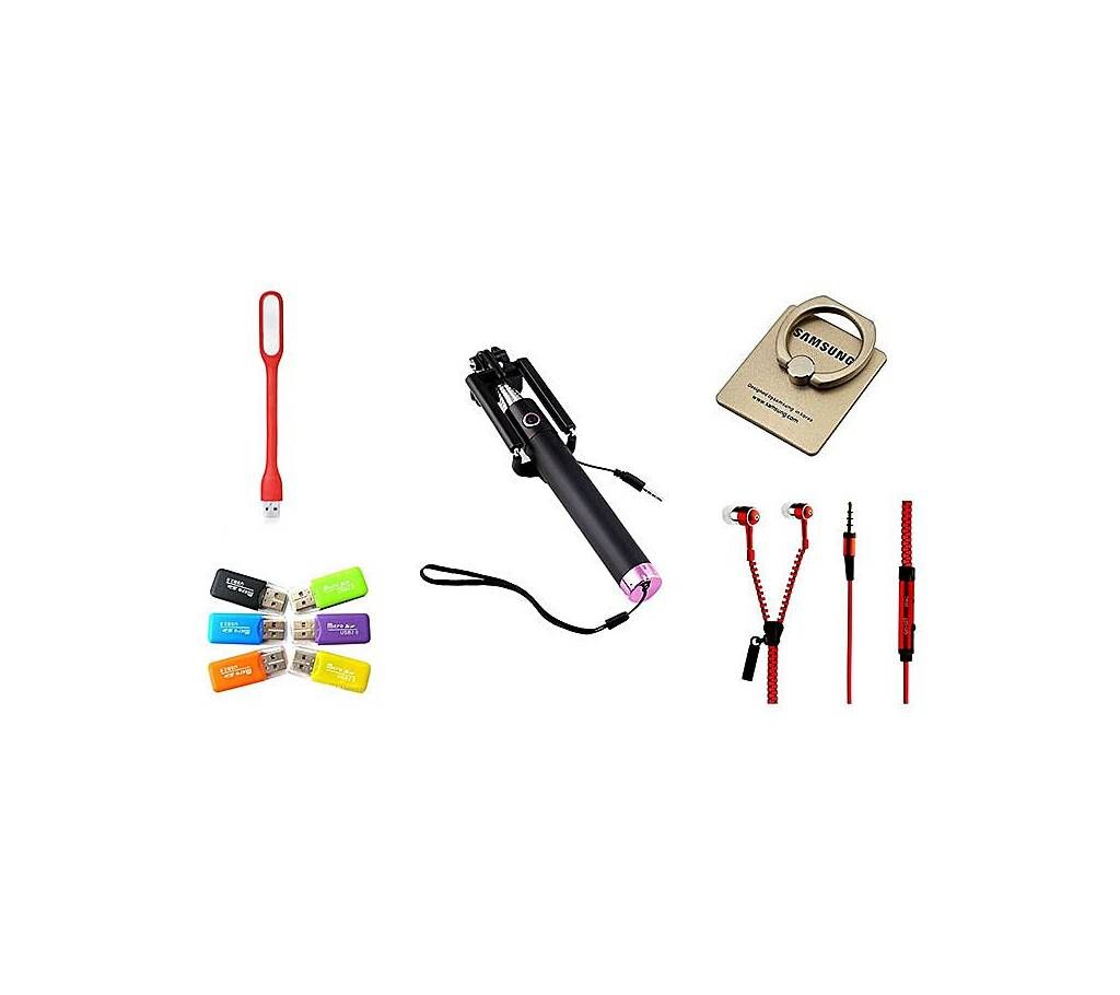 Selfie Stick + Zipper Headphone + Mobile Ring stand + SD Card Reader + USB LED Combo