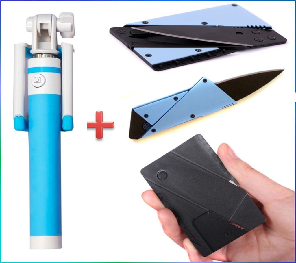 Combo Pack of Blue Selfie Stick & Card Knife Multi Color - WAT