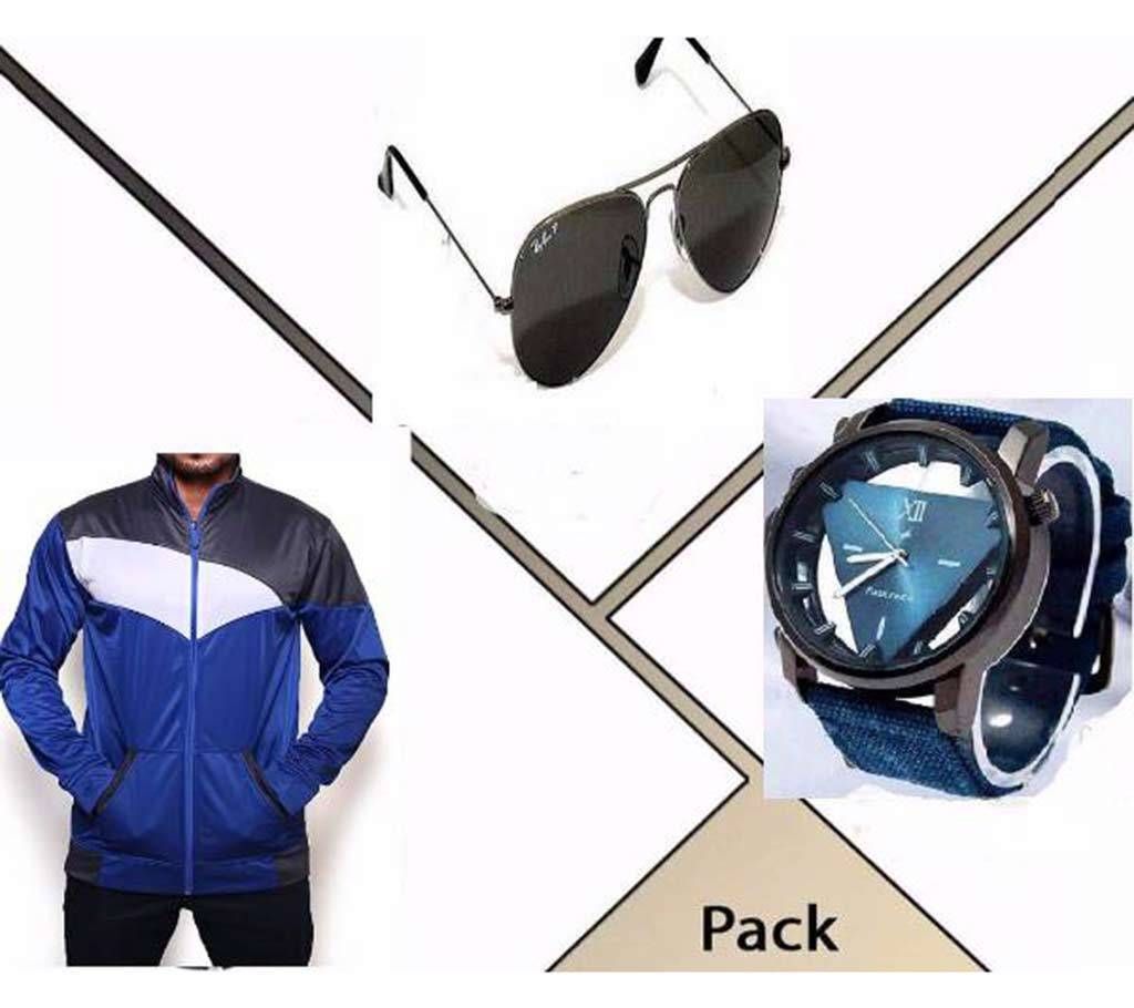 Multi color gents hoodie+ sunglasses+ watch combo 
