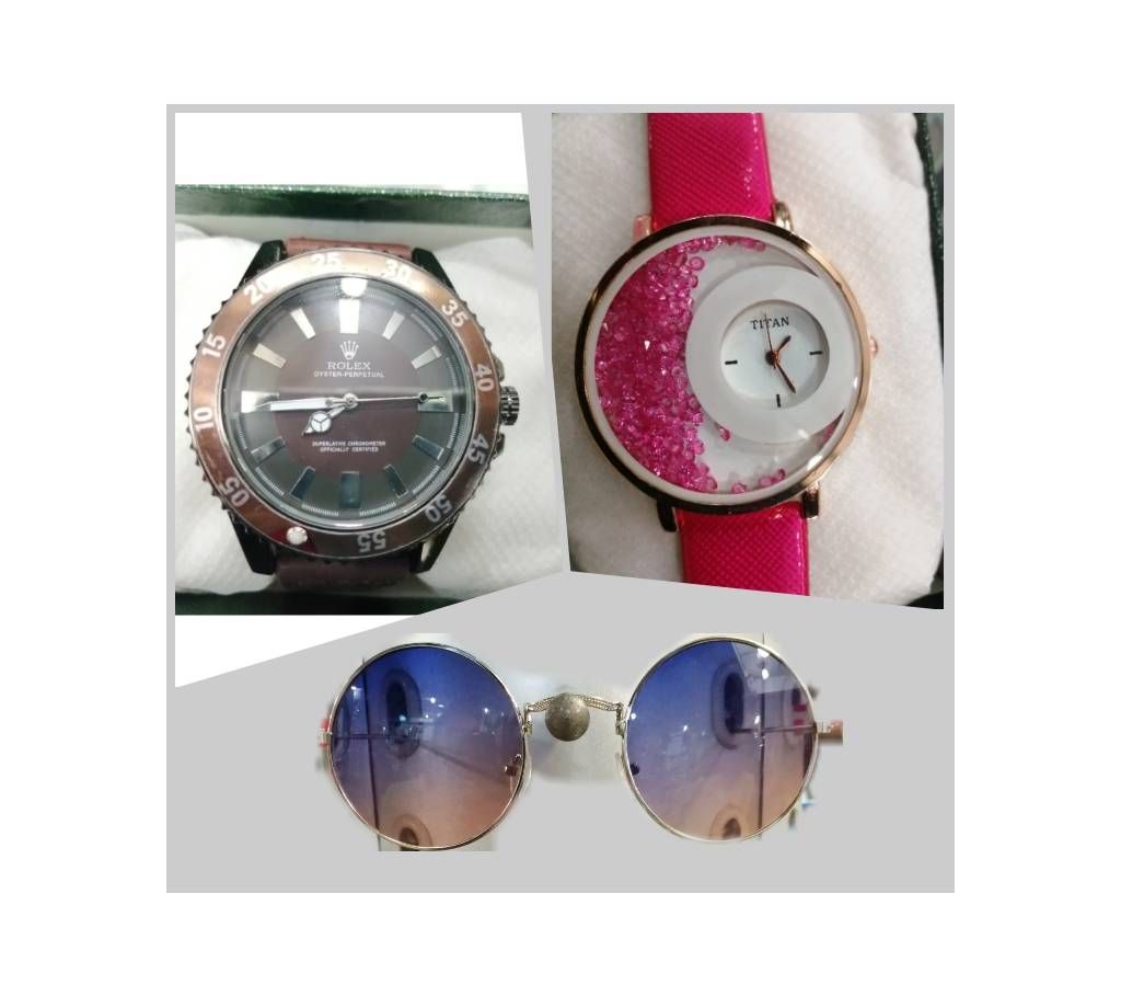 Rolex Gents Wrist Watch (Copy) + Ladies Wrist Watch + Gents Metal Frame Sunglasses Combo Offer