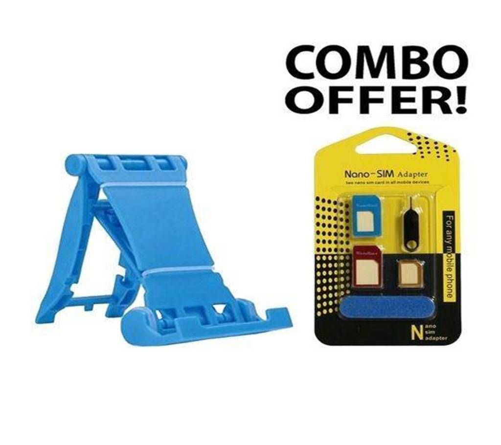 Combo of Universal Multi-Stand for All Mobile Phones And Tablets and Nano SIM Adapter Converter - Multi color