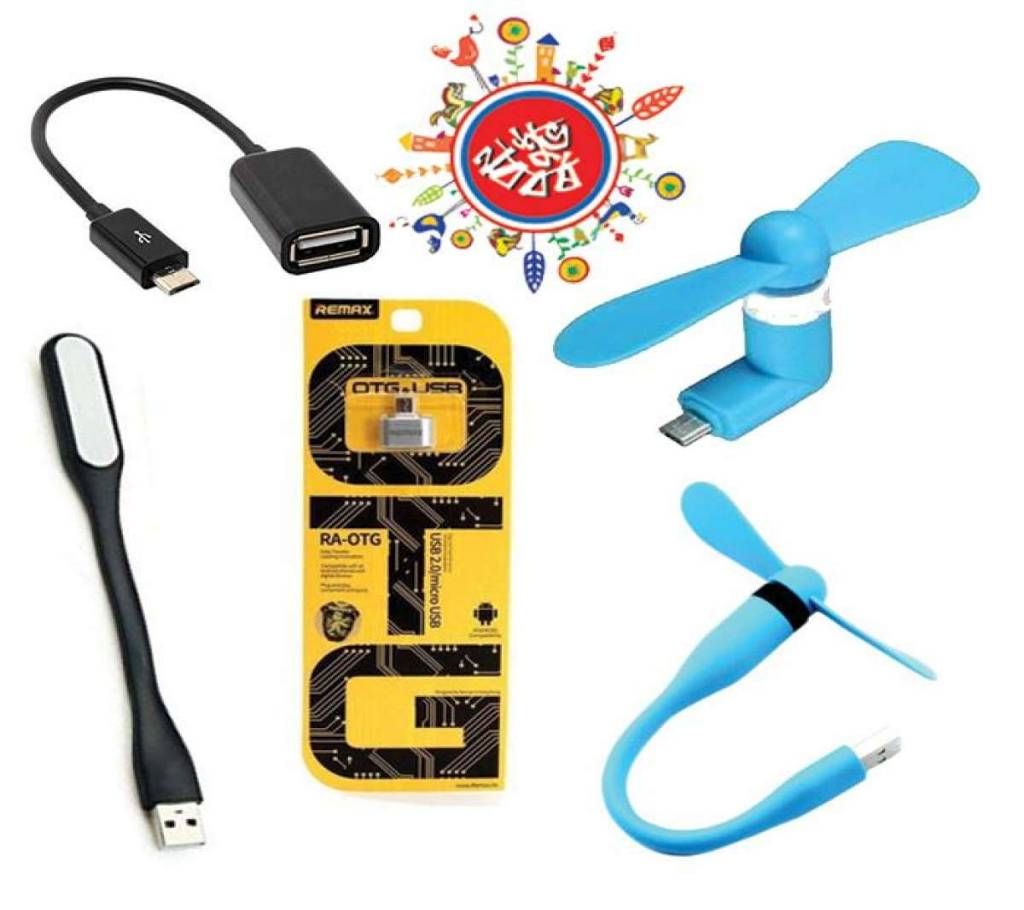 5 In 1 Combo Offer of USB Light, USB Fan,OTG Cable,OTG Converter And OTG Fan