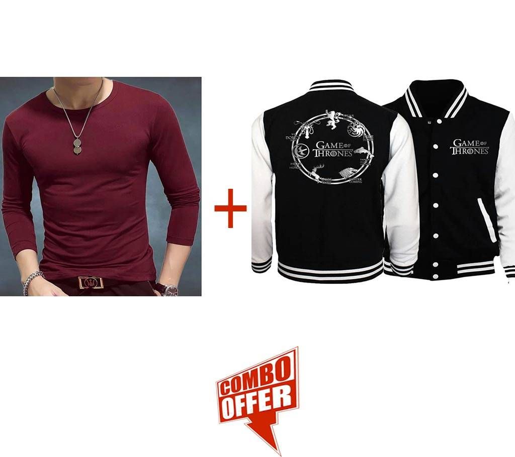 Mens Winter Jacket  -Gokus Gym - OKB + Maroon Cotton Long Sleeve T-Shirt for Men - UPF Combo Offer 