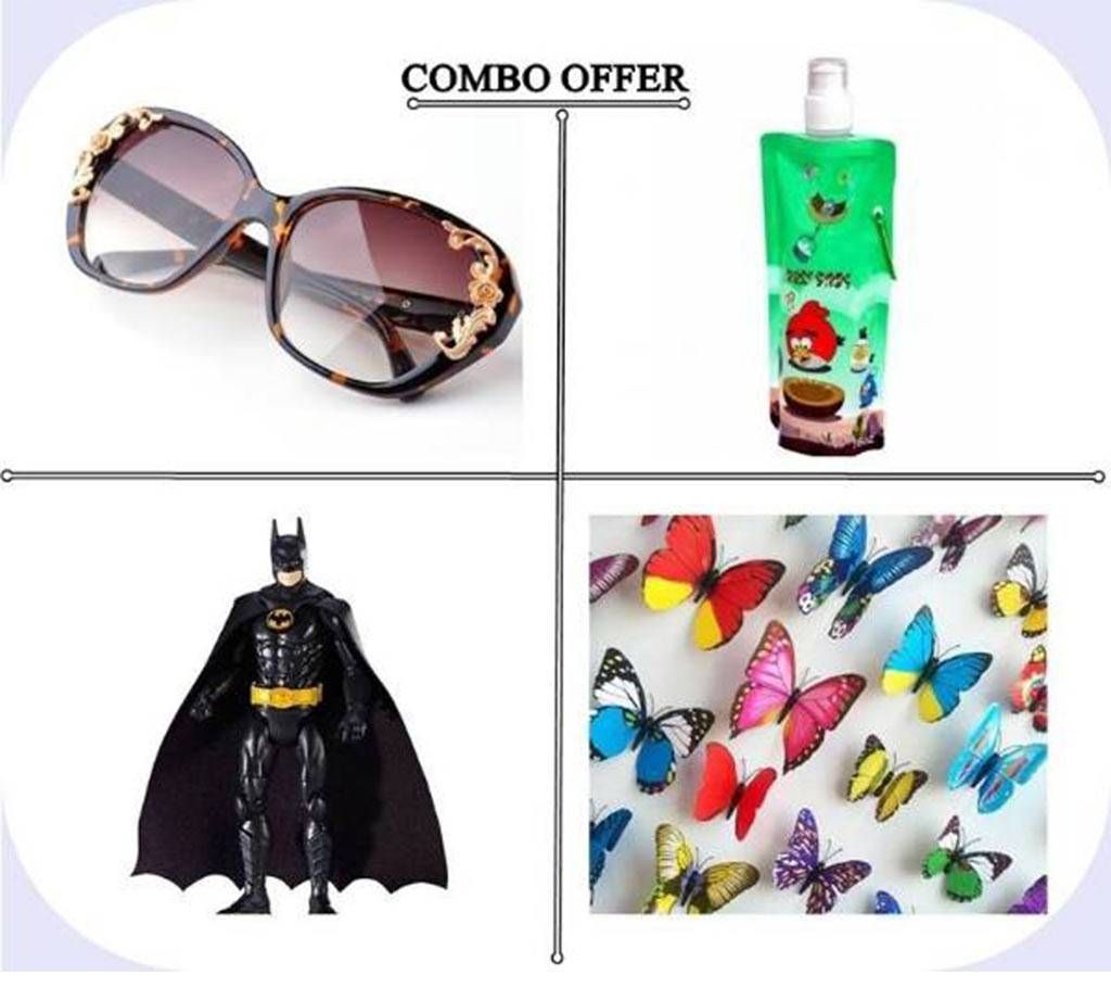 Combo of Women Fashion Sunglasses + Angry Bird Water Bottle + Batman Toy+ Wall Sticker 