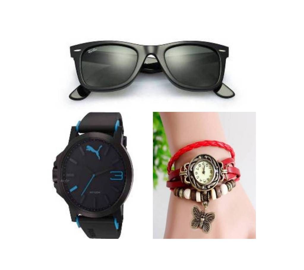 Ray Ban Black Menz Sunglasses (Replica) + PUMA Gents Watch (Replica) + Ladies Bracelet Wrist Watch Combo Offer