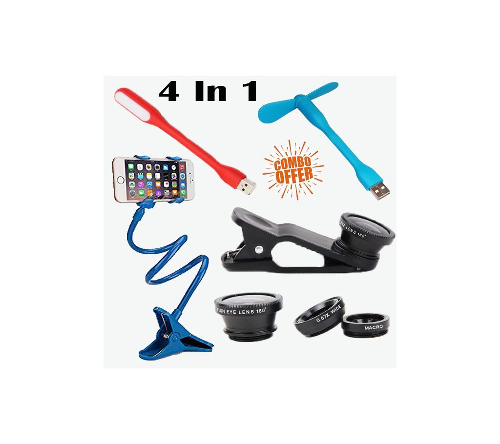 4 in 1 Combo offer Mobile camera lens + Phone Holder + Usb Led Light + Usb Fan