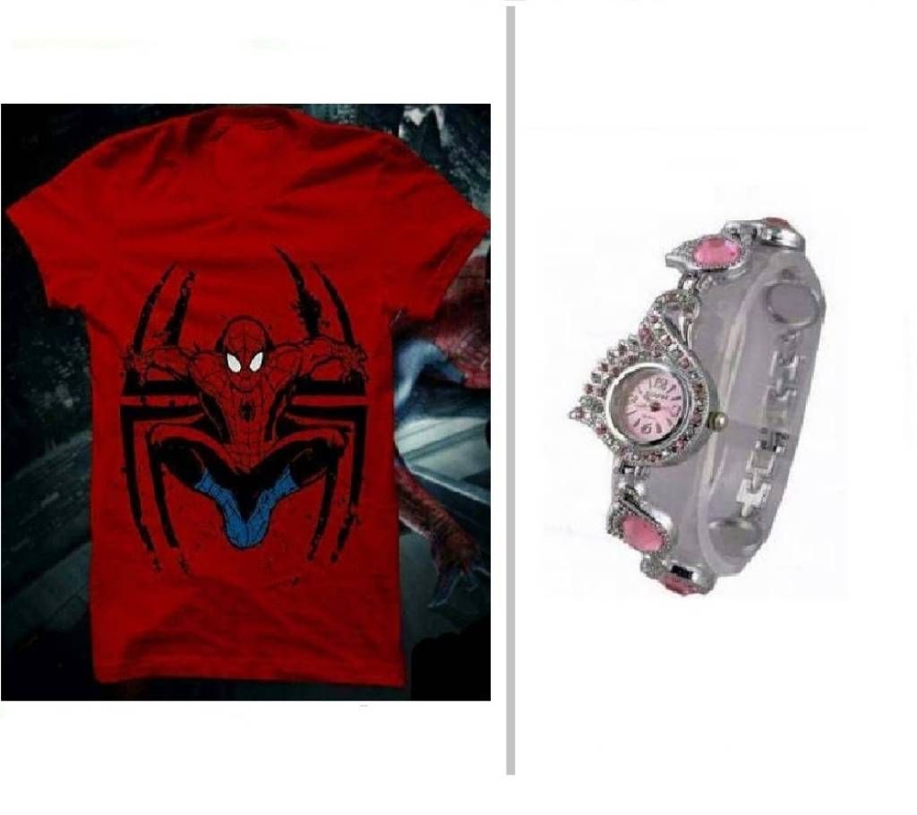 Spiderman Menzel Round Neck T-Shirt + Peacock Watch for Women combo 