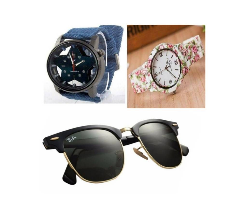 Fastrack Gents Watch + Floral Print Ladies Watch + Ray Ban Sunglasses for Men (Replica) Combo Offer