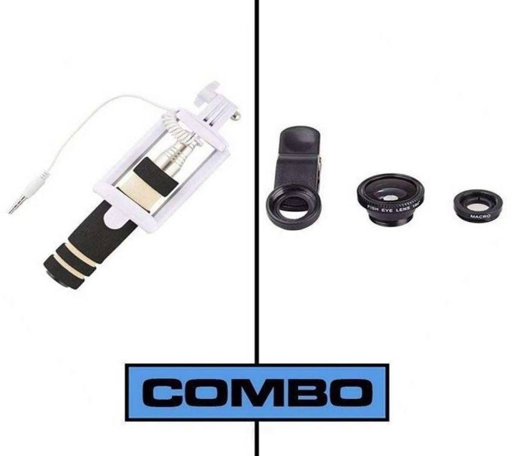 Combo Offer of White Mini Selfie Stick and Black Mobile Clip Lens