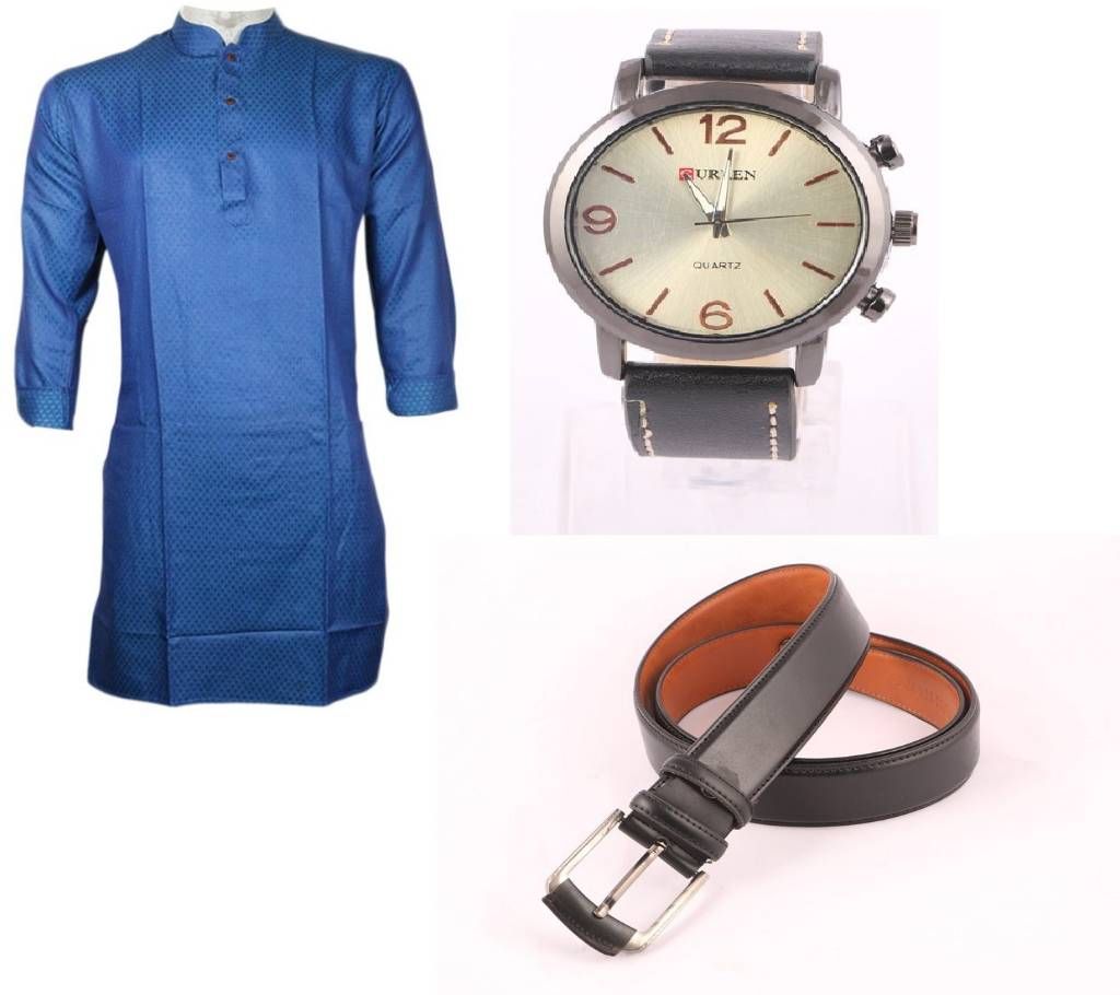 Burmese Cotton Panjabi + formal Belt + Gents Watch Combo 