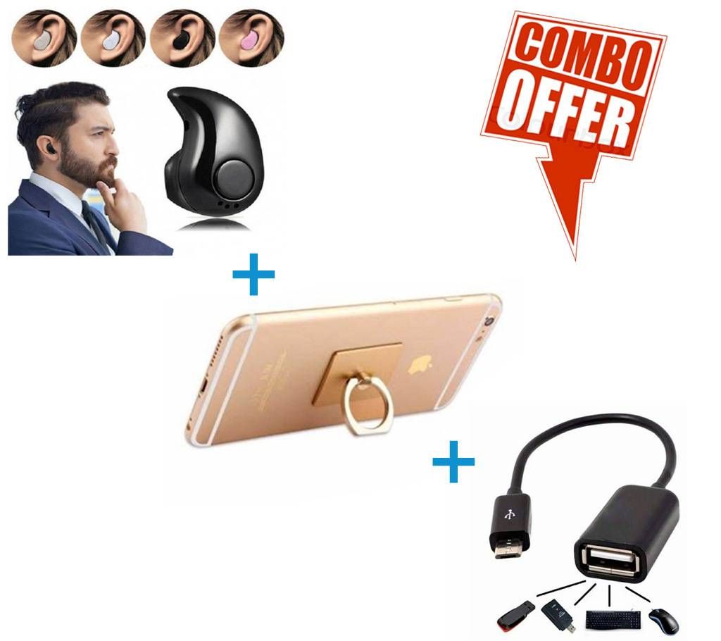 Mini Bluetooth Wireless earphone + Mobile Ring Stand + OTG Cable