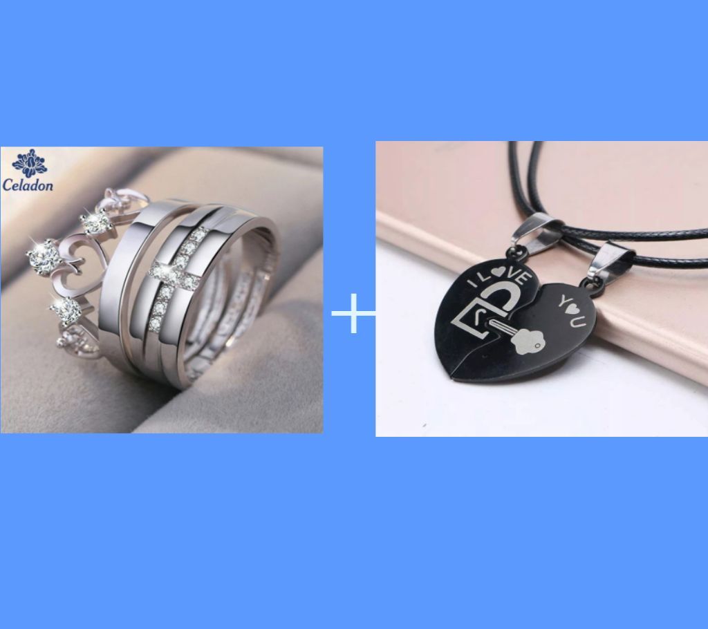 Couple Ring And Heart Shape Necklace Combo Offer