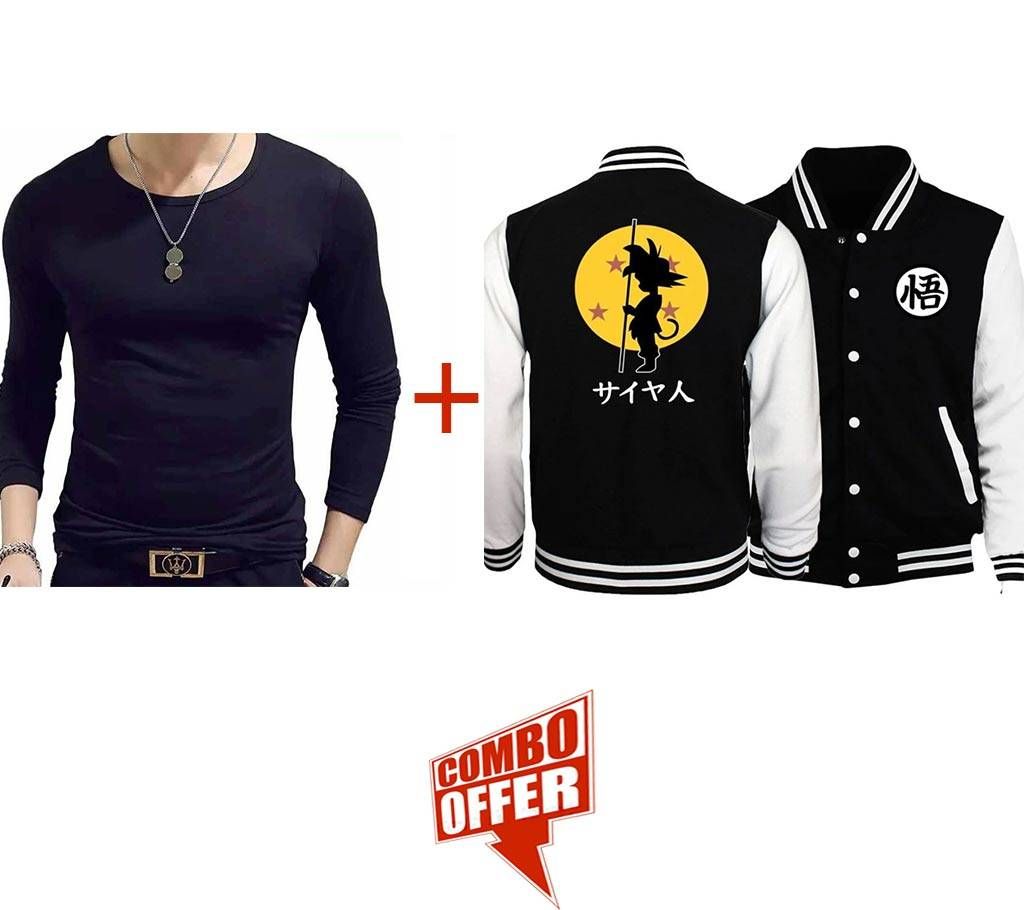 Mens Winter Jacket -Goku - OKB + Black Cotton Long Sleeve T-Shirt for Men - UPF Combo Offer 