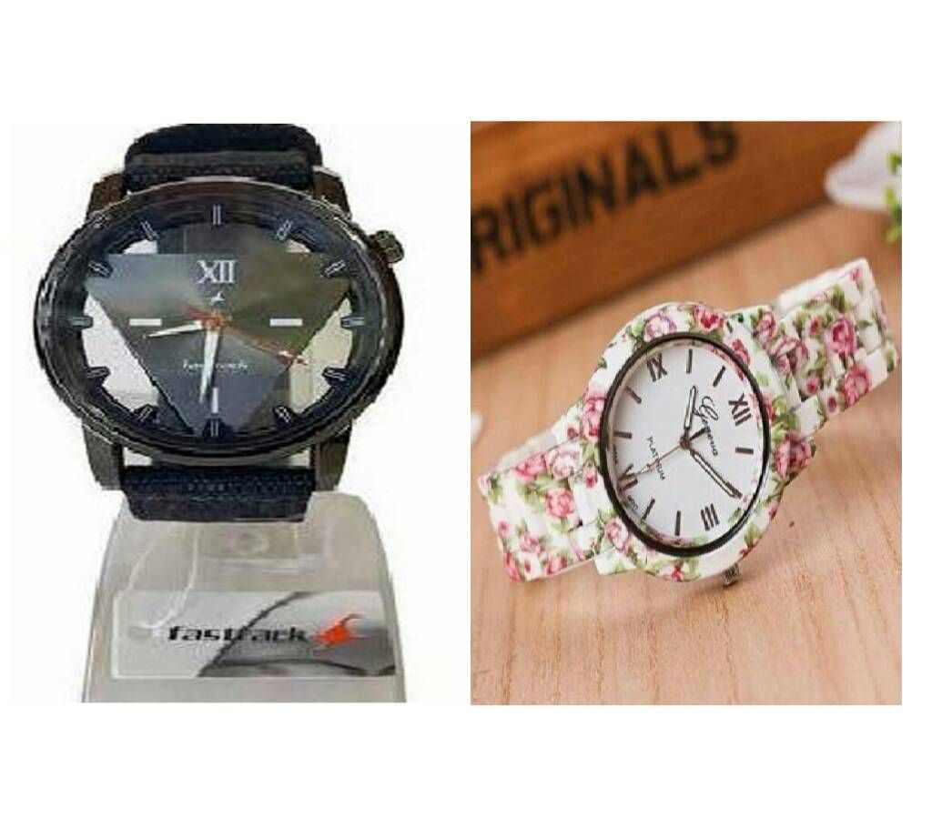 Fastrack Gents Watch copy + Floral Print Ladies watch combo 