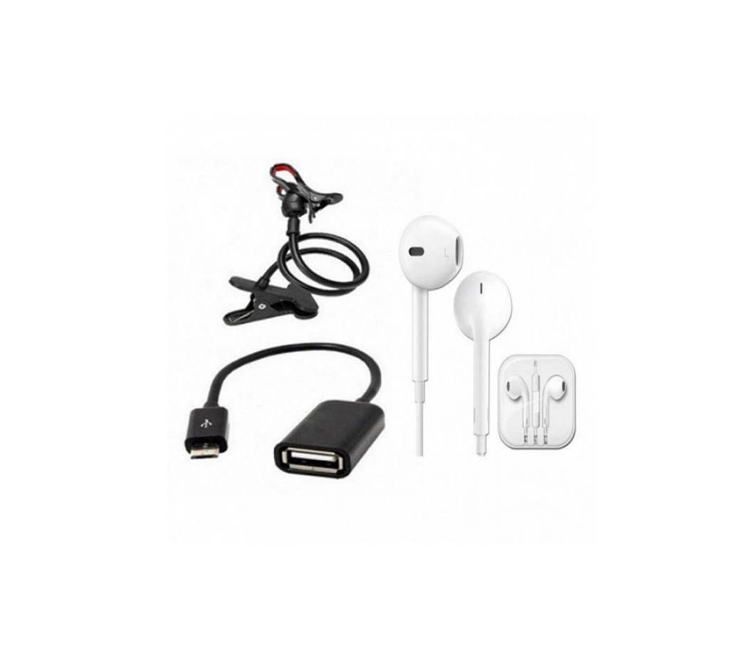 360 degree rotate mobile stand + micro USB OTG cable + apple earphone (copy) combo offer