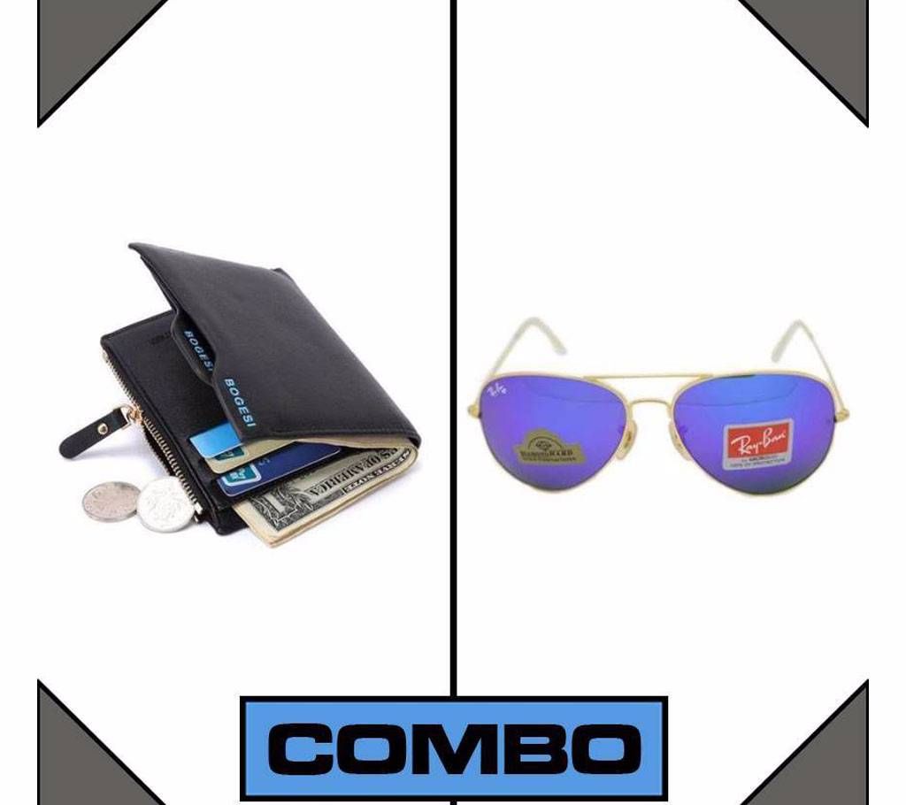 Combo Of Bogesi Leather Black Men's Wallet + Rayban Sunglasses for Men. 