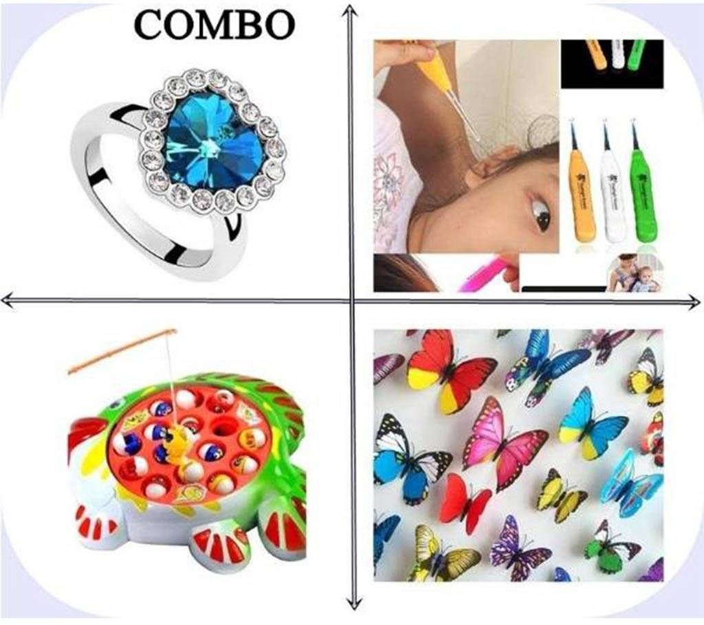 4 Pack of Combo Heart Shape Finger Ring +Ear Cleaner+Fishing game+Sticker