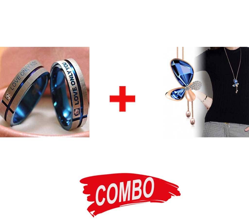Butterfly Long Locket+Love couple Ring crystal Mount lovers ring - Combo Offer
