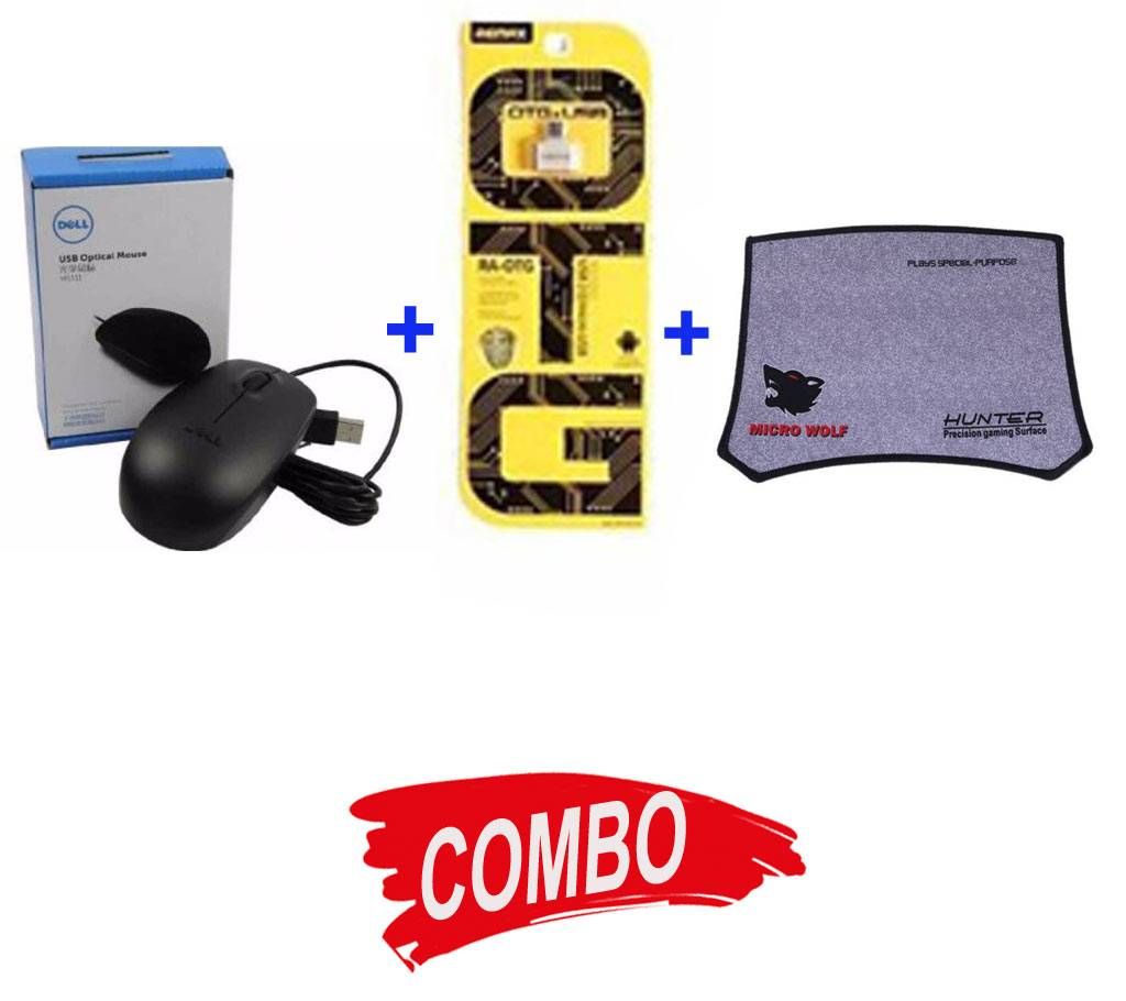 Dell USB mouse + H8 Mouse Pad + REMAX OTG Adapter - Combo Offer