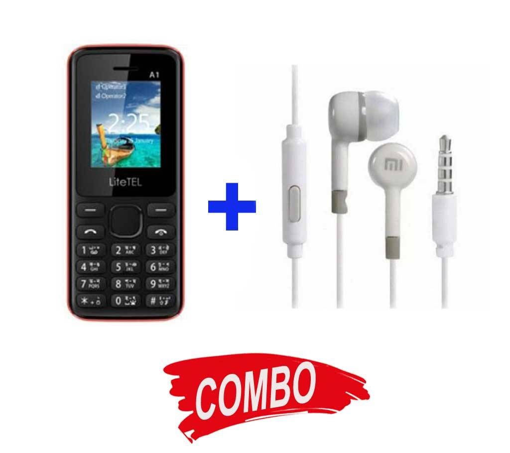 LiteTEL A1 Feature Phone+Mi In-Ear Earphone Combo