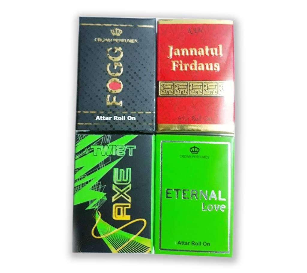 4 Pcs Concentrated Perfume (Attor) Combo - Jannatul Ferdous, Eternal love, Fogg, Axe