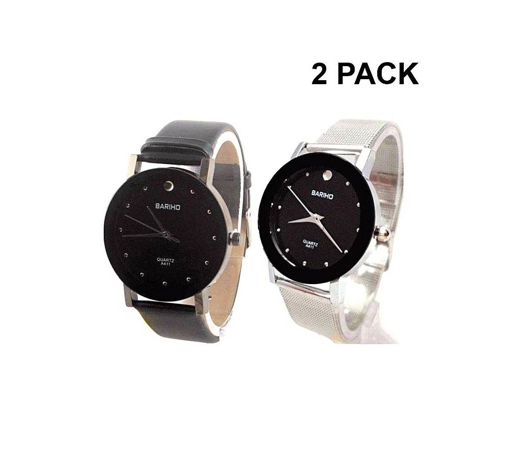ack of 2 Black and Silver Analog Watch for Couple