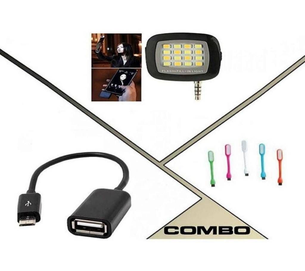 Combo Offer of Selfie Flash Light, OTG Cable and USB LED Light - Multi Color