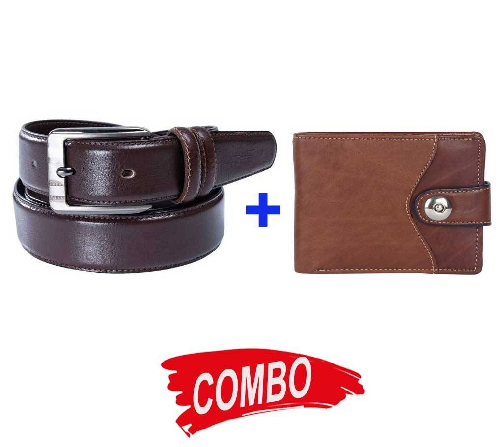 Brown Leather Wallet With Magnet Button For Men +Chocolate Leather Formal Glossy Belt  for Men Combo im03