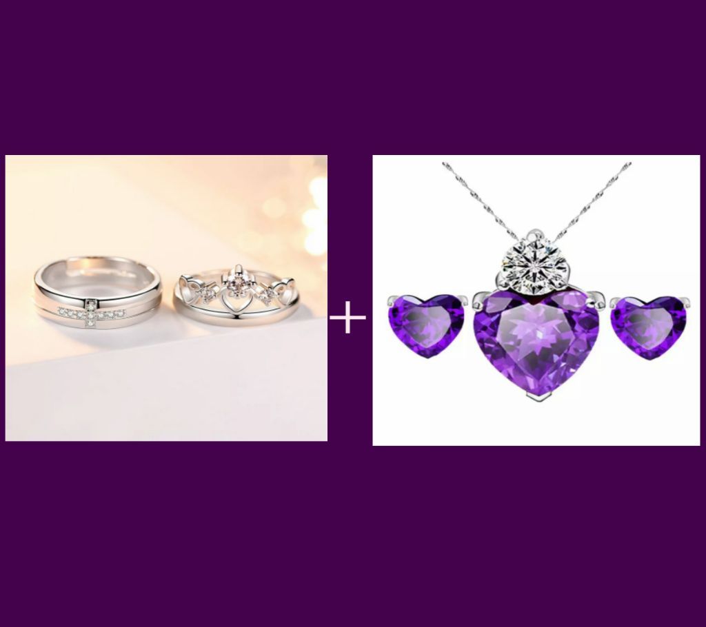 Prince And Princess Crown Couple Ring And Heart shape Jewellery Set Combo Offer